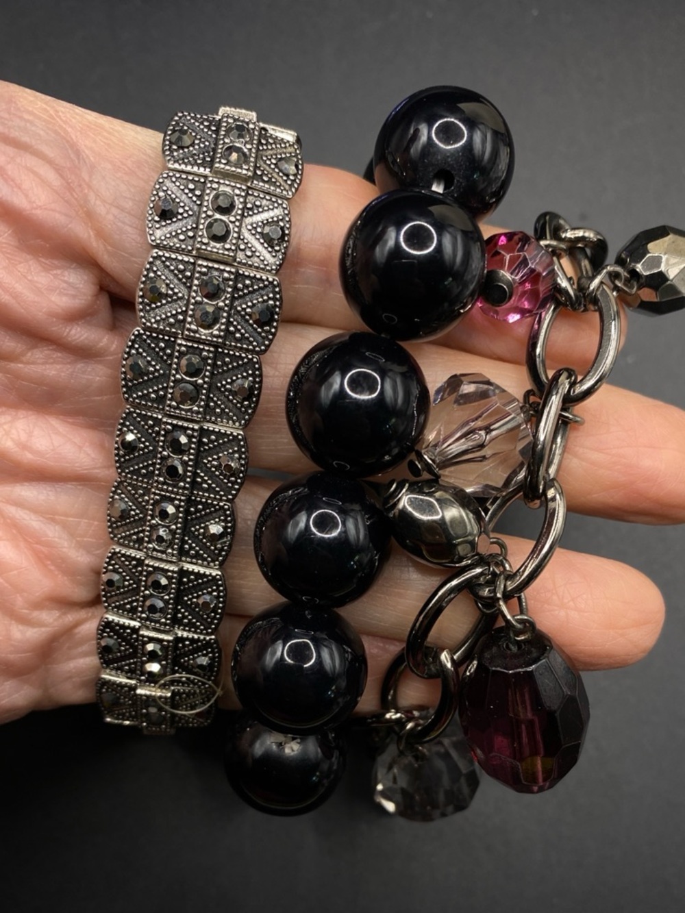 Bracelet Bundle of 3 Black Hematite Bead Dangles Stretchy Toggle Clasp